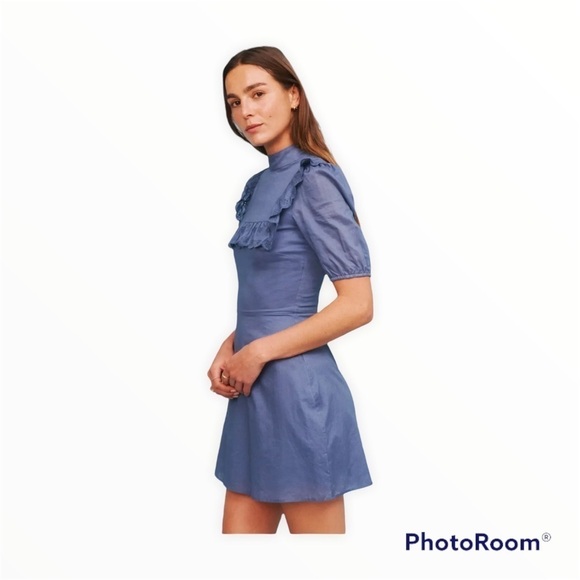 Reformation Bradley Mock Neck Puff Sleeve Mini Dress Blue Morning Glory 12 NWT - Picture 9 of 12